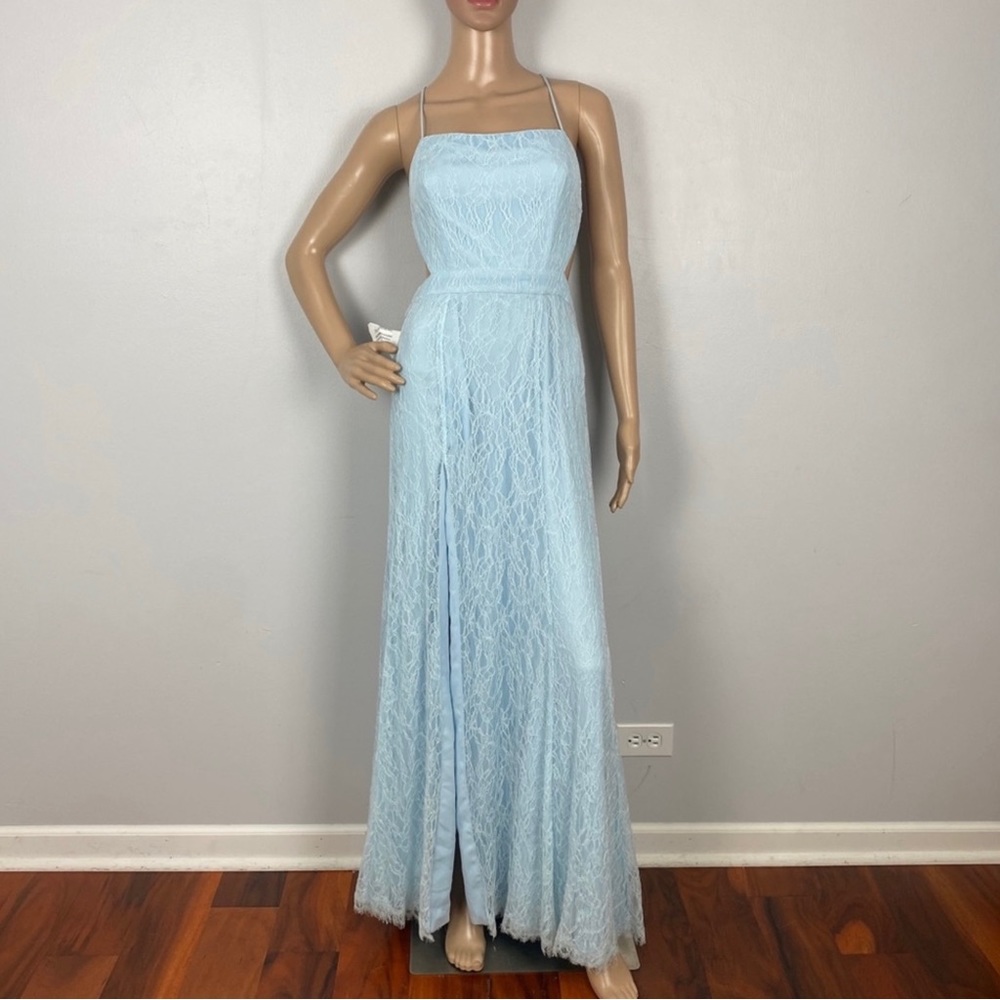 NEW FAME AND PARTNERS BLUE BACKLESS LACE GOWN - Picture 2 of 10